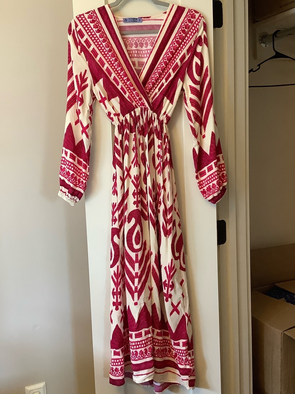 Bohemian Maxi Dress with Pink Geometric Embroidery - Picture 1 of 6